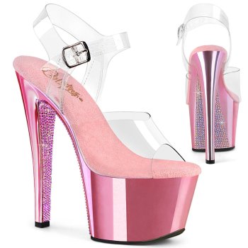 Sandale pole dance transparente à plateforme rose & strass et talon 18 cm Pleaser