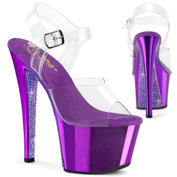 Sandale pole exotic transparente à plateforme violette & strass avec talon 18 cm Pleaser
