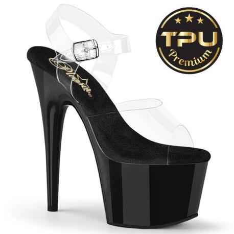 Sandale pole dance transparente à plateforme noire vernis et talon 18 cm Pleaser