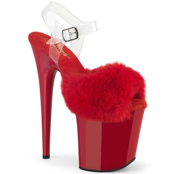 Sandale pole exotic fourrure rouge à plateforme assortie vernis et talon 20 cm Pleaser