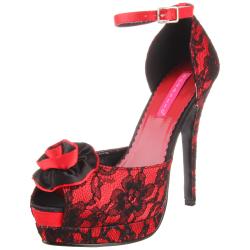 Sandale haut talon plateforme rouge à dentelle noire