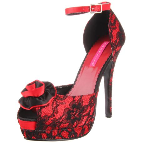 Sandale haut talon plateforme rouge à dentelle noire