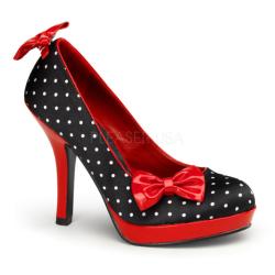 Escarpin Pin-Up satin Noir à Pois blanc et noeud rouge haut talon