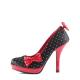 Escarpin Pin-Up satin Noir à Pois blanc et noeud rouge haut talon