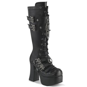 Chaussures Gothiques Femme Demonia Cult CHA230 - Bottes talon bloc & Tête de Mort, Chaîne