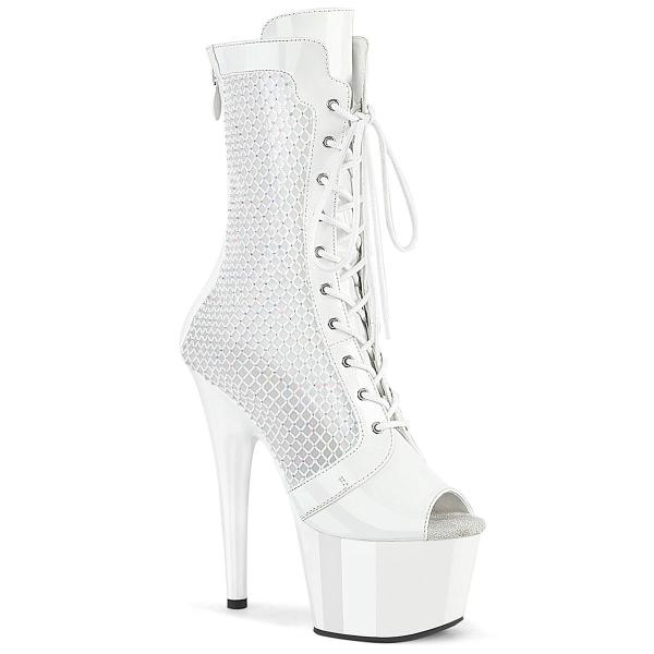 Bottine sexy blanche Pleaser en résille à strass avec talon aiguille de 17,8 cm