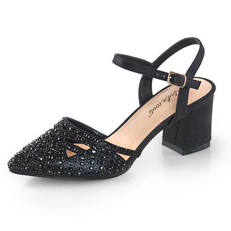 Escarpin de soirée ouvert noir incrusté de strass à talon carré