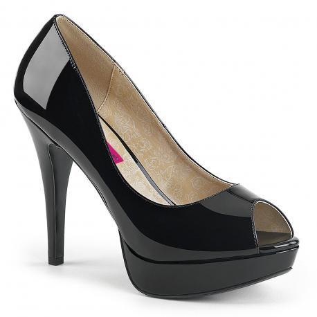 Escarpin noir vernis à plateforme avec talon aiguille 13 cm et bout ouvert élégant, grande pointure