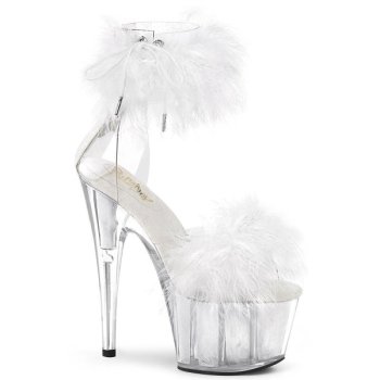 Sandale spectacle ADORE-724F blanche plexi & plumes marabout — talon 18cm
