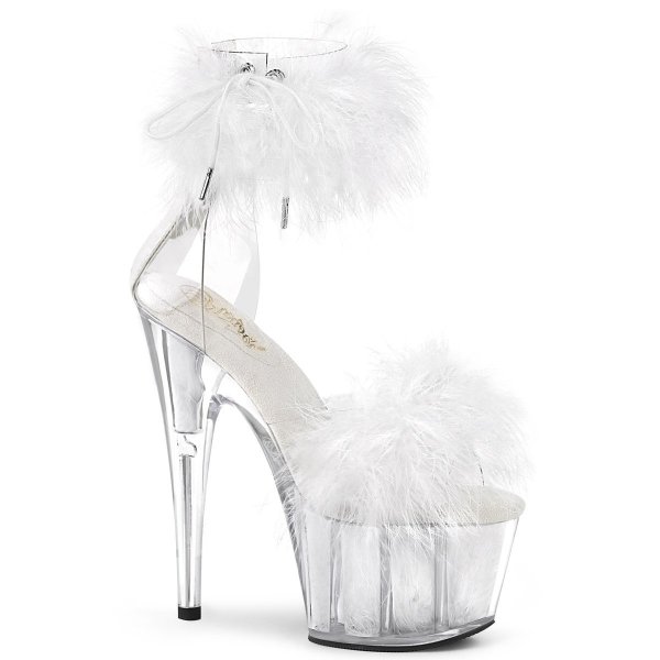 Sandale spectacle ADORE-724F blanche plexi & plumes marabout — talon 18cm