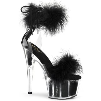 Sandale spectacle ADORE-724F noire plexi & plumes marabout — talon 18cm