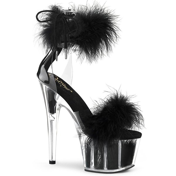 Sandale spectacle ADORE-724F noire plexi & plumes marabout — talon 18cm