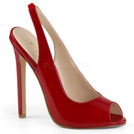 Escarpins sexy rouge vernis à haut talon 14 cm avec bride arrière et bout ouvert petite taille 34 petit prix