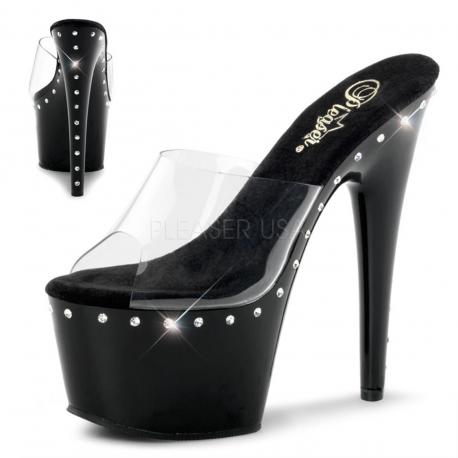 Mule pole dance transparente à plateforme noire incrustée de strass DISCOUNT taille 37