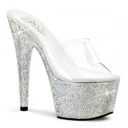 Chaussure Pole dance luxe avec plateforme et talon en strass semelle blanche et lanière transparente