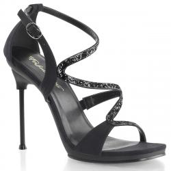 Sandale noire à haut talon aiguille et brides asymétriques ornées de paillettes 