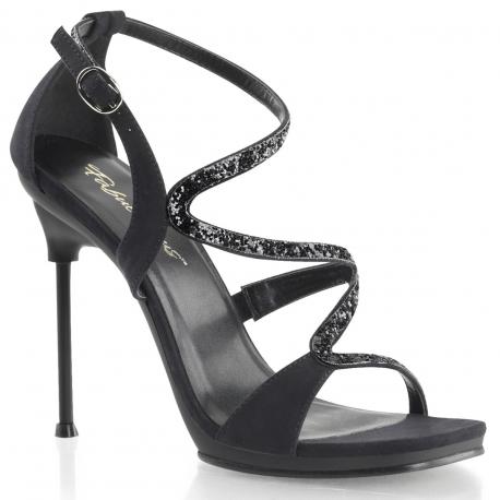 Sandale noire à haut talon aiguille et brides asymétriques ornées de paillettes 