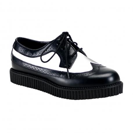 Creepers cuir bicolore noir et blanc bout golf long-wing DemoniaCult unisexe