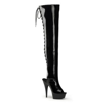 Cuissarde pole dance ouverte noire vernie à plateforme et talon 15 cm Pleaser