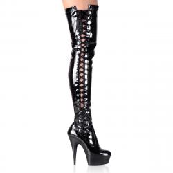 Cuissardes Vinyle Vernis Noir à Lacets Corset | Talon 15cm | Petite & Grandes Tailles
