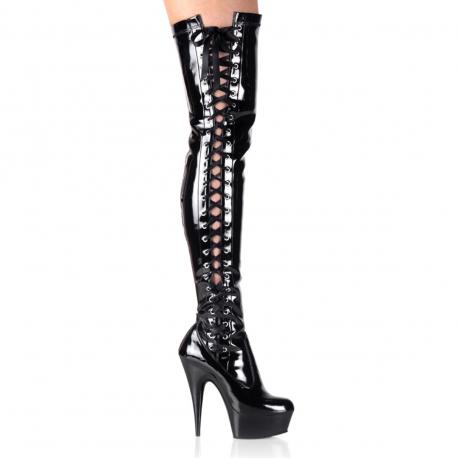 Cuissardes Vinyle Vernis Noir à Lacets Corset | Talon 15cm | Grandes Tailles