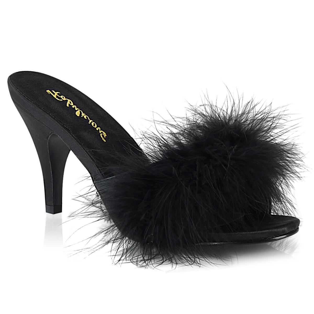 Mules Talon Noires Plumes Marabout Petite Et Grande Taille