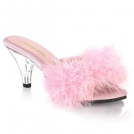 Mule satin a plume rose a talon transparent 7 cm petite et grande taille