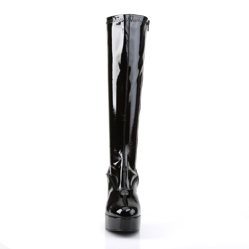 Botte haute moulante femme a talon bobine et plateforme noir vernis grande taille du 36 au 44