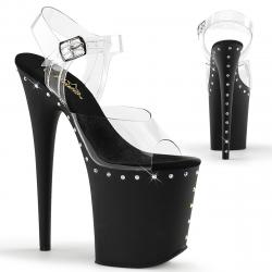 Sandale pole exotic transparente à plateforme noire et strass et talon 20 cm