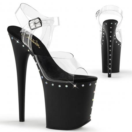 Sandale pole exotic transparente à plateforme noire et strass et talon 20 cm