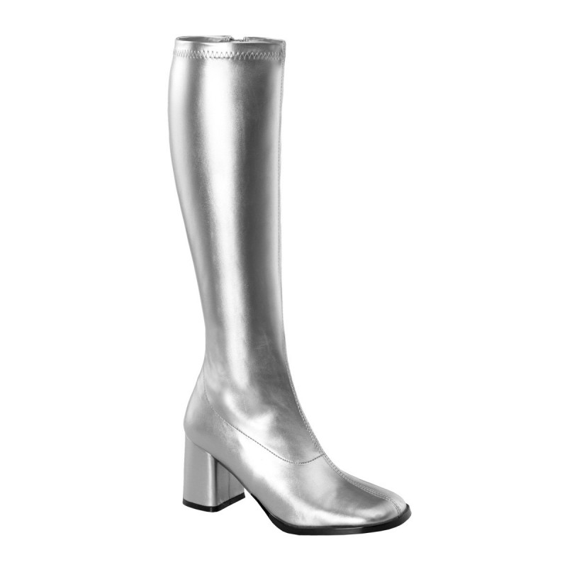 Botte argentee moulante en stretch pour femme talon carre grande taille du 35 au 46