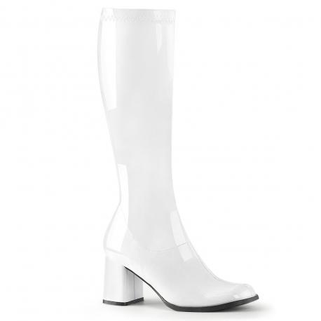 Botte blanche vernis en stretch pour femme - talon carré - grande taille du 35 au 46