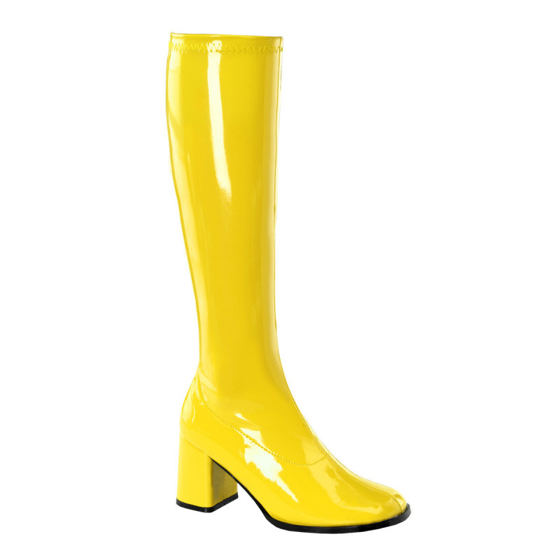 Botte jaune vernis moulante pour femme style annee 70 a talon carre