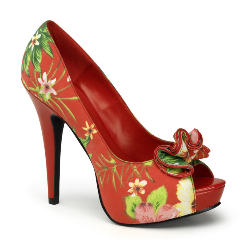 Chaussure annee 50 fleurie a plateforme rouge et avec n ud Pin up et bout ouvert