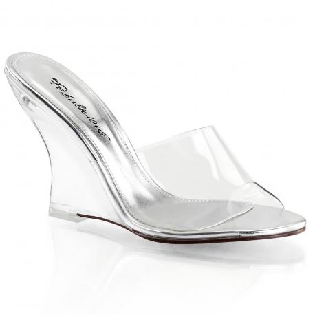 Mule transparente et argentée à semelle compensée plexi de 10 cm