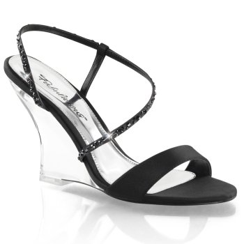 Sandale compensée plexi transparente et satin noir avec strass noir