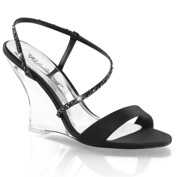 Sandale compensée plexi transparente et satin noir avec strass noir