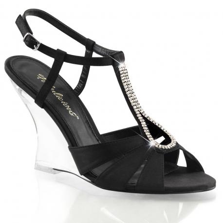 Sandale satin noire et strass avec compensé transparent
