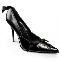 Escarpin cuir noir à bout pointu sexy et lacets grande taille du 35 au 44