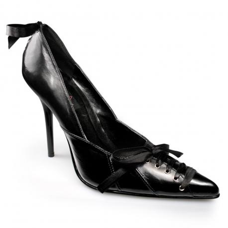 Escarpin cuir noir à bout pointu sexy et lacets grande taille du 35 au 44