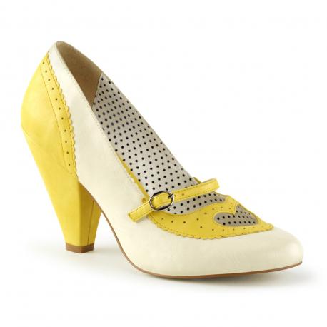 Escarpin vintage jaune et blanc à talon conique 9 cm