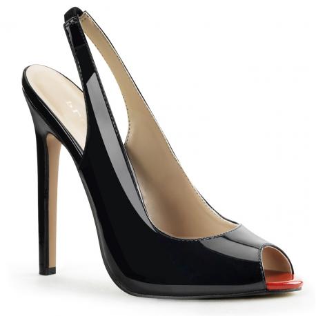 Escarpins sexy noirs vernis à haut talon aiguille de 14 cm avec bride arrière et bout ouvert grande taille du 35 au 44 - vegan