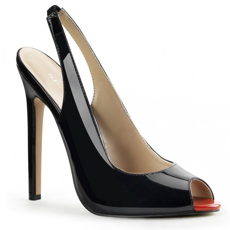 Escarpins bout ouvert sexy noirs vernis a haut talon aiguille de 14 cm avec bride arriere et grande pointure du 35 au 44