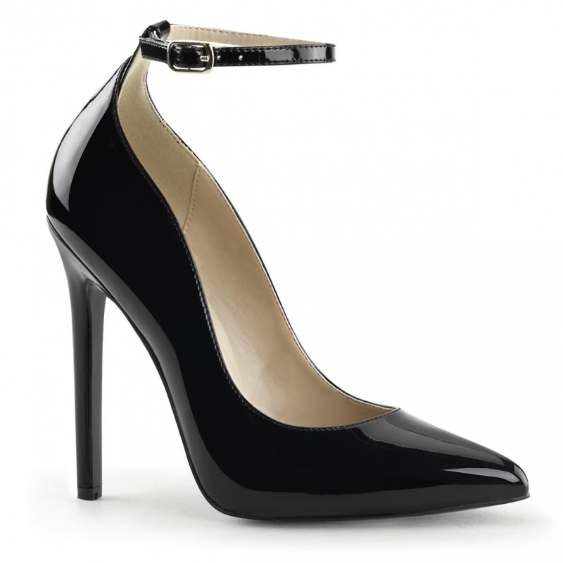 Escarpin talon aiguille 13 cm noir verni bride cheville petite
