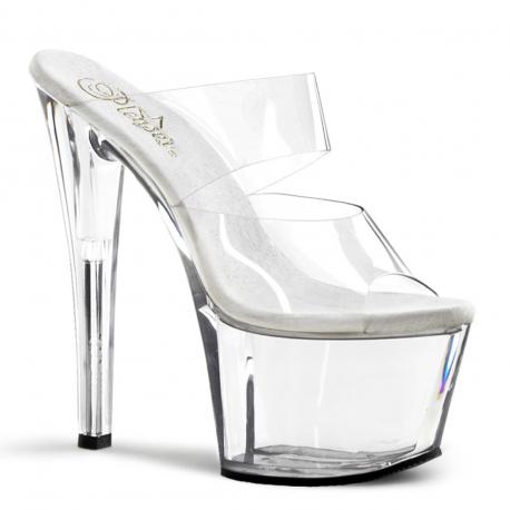 Chaussure pole dance à double bride transparente à plateforme plexi et talon de 18 cm