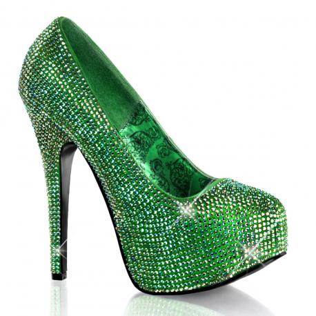 Escarpin plateforme haut talon vert recouvert de strass | Style Burlesque & spectacle