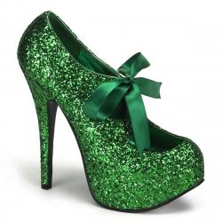 Escarpin plateforme haut talon vert pailleté et noeud satin burlesque