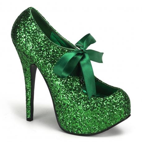 Escarpin plateforme haut talon vert pailleté et noeud satin burlesque