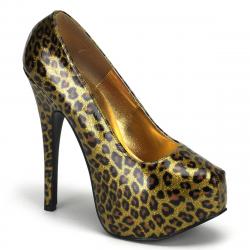 Escarpin plateforme doré et léopard sexy à haut talon aiguille 14 cm