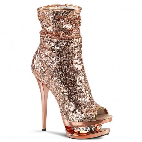 Bottine plateforme talon aiguille 15 cm bout ouvert à sequins rose gold et strass